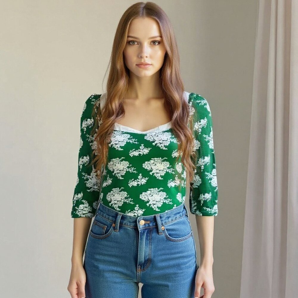 Anthropologie Porridge Kelly Green and White Y2K Floral Shirt